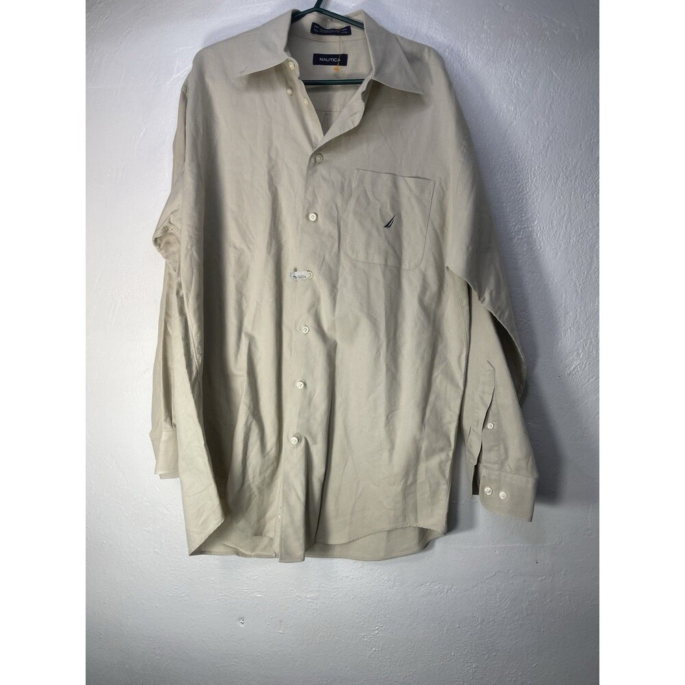 Nautica Button Down Shirt Men 32/33 Beige Long Sleeve 100%Cotton Classic Logo